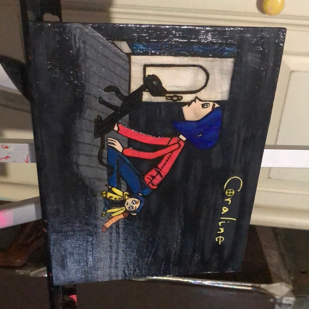 This is a coraline canvas that I made it has this glossy affect to it. <3